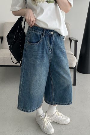 Retro Blue Denim Capris for Women - Summer Wide-Leg Cropped Pants, Straight 7-Point Mid-Length Shorts, Y2K American Style