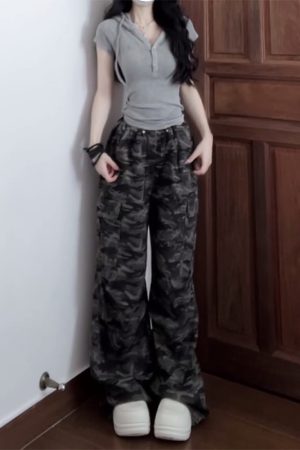 Retro Camouflage Wide-Leg Work Pants for Women - Loose-Fitting Slimming Hip-Hop Casual Floor-Length Trousers