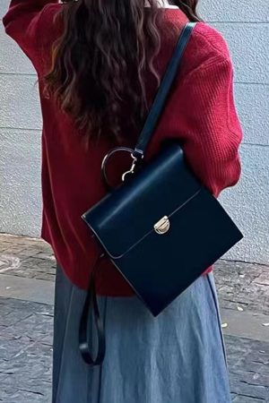 Retro Casual Black Leather Backpack for Women - Minimalist Travel Commuter Bag with Artistic Design