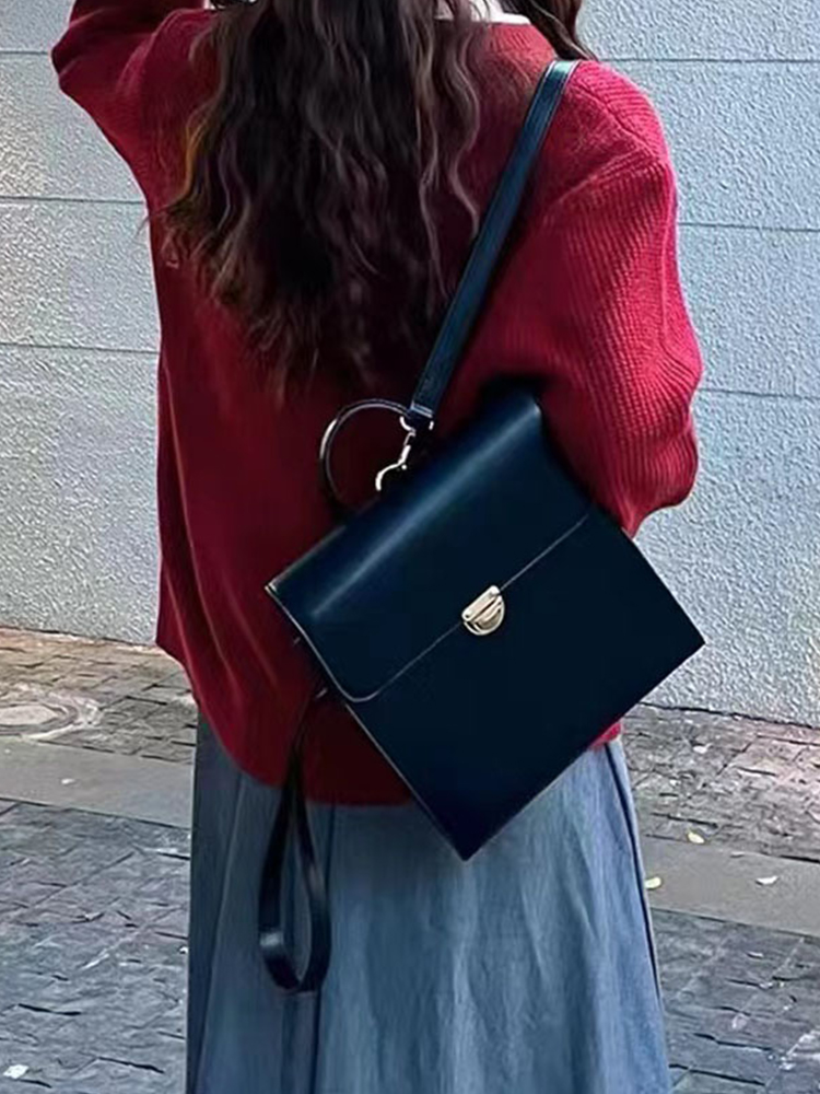 Retro Casual Black Leather Backpack for Women - Minimalist Travel Commuter Bag with Artistic Design Retro Casual Black Leather Backpack for Women - Minimalist Travel Commuter Bag with Artistic Design