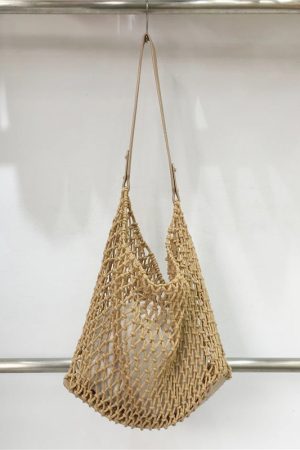 Retro Casual Cotton Rope Woven Shoulder Bag - Hollow Fishing Net Design, Large Fashion Tote for 2024
