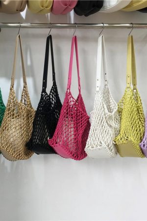 Retro Casual Cotton Rope Woven Shoulder Bag - Hollow Fishing Net Design, Large Fashion Tote for 2024