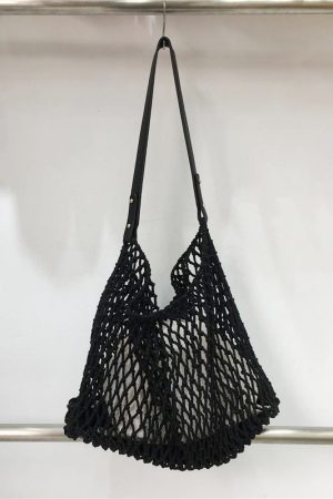 Retro Casual Cotton Rope Woven Shoulder Bag - Hollow Fishing Net Design, Large Fashion Tote for 2024