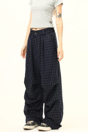 Retro Checkered Pleated Loose Drape Pants for Women - Stylish Casual Trousers, 90s Inspired Fashion