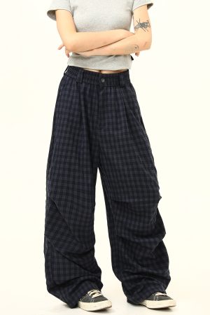 Retro Checkered Pleated Loose Drape Pants for Women - Stylish Casual Trousers, 90s Inspired Fashion