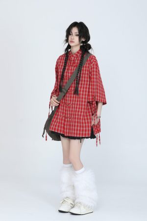 Retro Chinese-Style Red Plaid Short Sleeve Shirt for Women - Unique Loose Fit, Vintage-Inspired Fashion