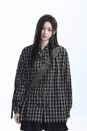 Retro Chinese-Style Red Plaid Short Sleeve Shirt for Women - Unique Loose Fit, Vintage-Inspired Fashion