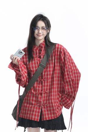 Retro Chinese-Style Red Plaid Short Sleeve Shirt for Women - Unique Loose Fit, Vintage-Inspired Fashion