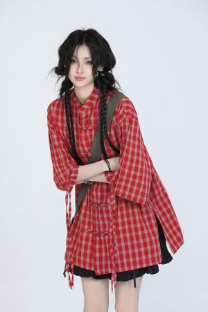Retro Chinese-Style Red Plaid Short Sleeve Shirt for Women - Unique Loose Fit, Vintage-Inspired Fashion
