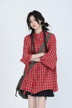 Retro Chinese-Style Red Plaid Short Sleeve Shirt for Women - Unique Loose Fit, Vintage-Inspired Fashion