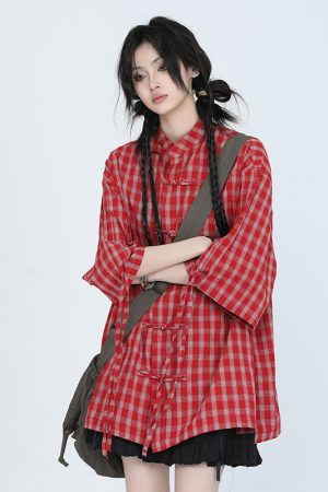 Retro Chinese-Style Red Plaid Short Sleeve Shirt for Women - Unique Loose Fit, Vintage-Inspired Fashion