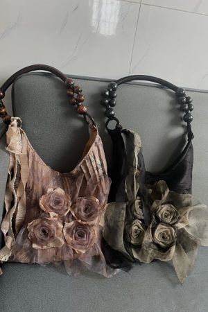 Retro Chinese Style Rose Floral Pleated Tote Bag - Large Capacity Shoulder Bag for Commuting