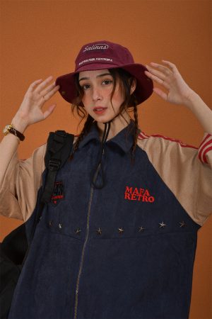 Retro Color Block Embroidered Short Sleeve Shirt - Suede Velvet Summer Loose Fit with Double Stripe - Trendy 90s Style