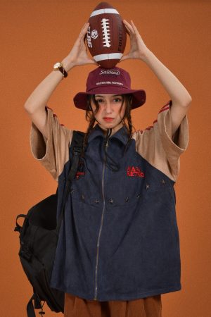 Retro Color Block Embroidered Short Sleeve Shirt - Suede Velvet Summer Loose Fit with Double Stripe - Trendy 90s Style