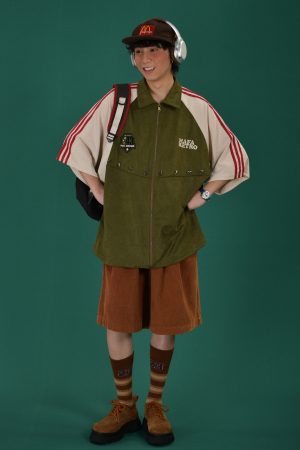 Retro Color Block Embroidered Short Sleeve Shirt - Suede Velvet Summer Loose Fit with Double Stripe - Trendy 90s Style