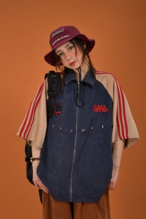 Retro Color Block Embroidered Short Sleeve Shirt - Suede Velvet Summer Loose Fit with Double Stripe - Trendy 90s Style