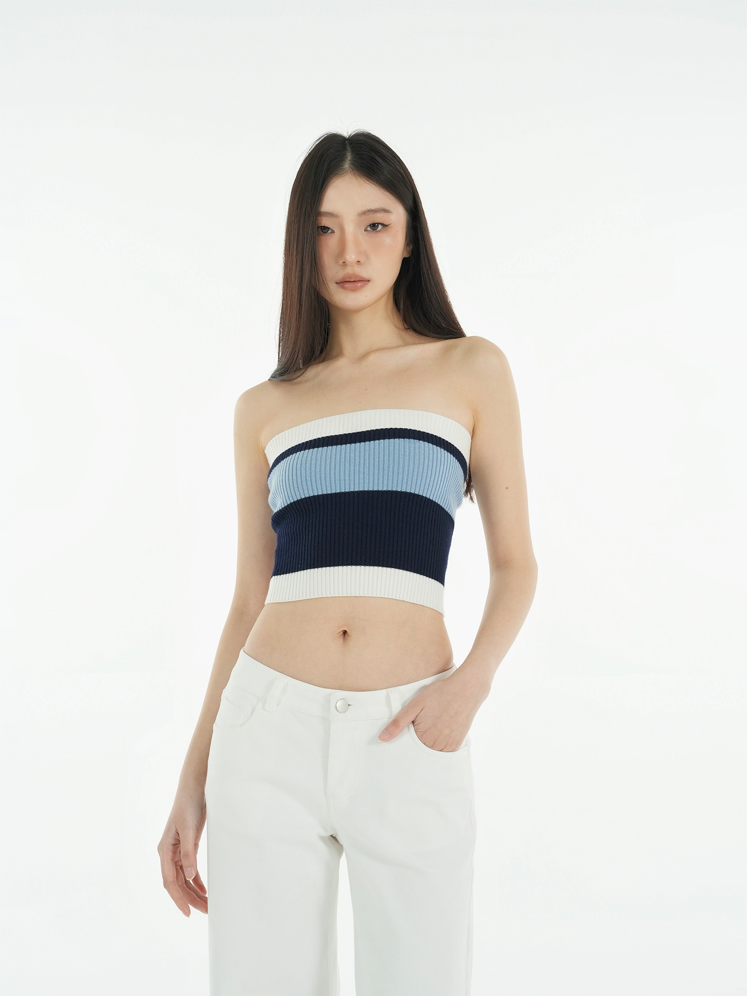 Retro Color-Block Striped Fitted Knitted Tube Top - Vintage 90s Style Retro Color-Block Striped Fitted Knitted Tube Top - Vintage 90s Style