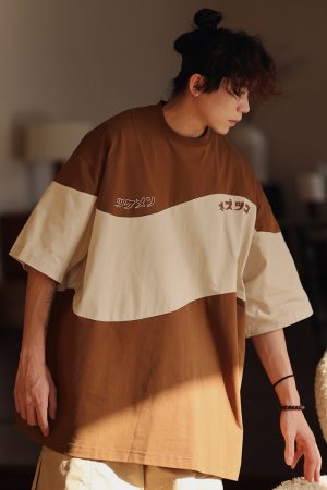 Retro Color-Blocked Japanese T-Shirt for Men - Short Sleeve Casual Minimalist Summer Trend