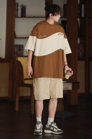 Retro Color-Blocked Japanese T-Shirt for Men - Short Sleeve Casual Minimalist Summer Trend