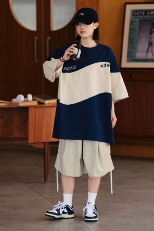 Retro Color-Blocked Japanese T-Shirt for Men - Short Sleeve Casual Minimalist Summer Trend