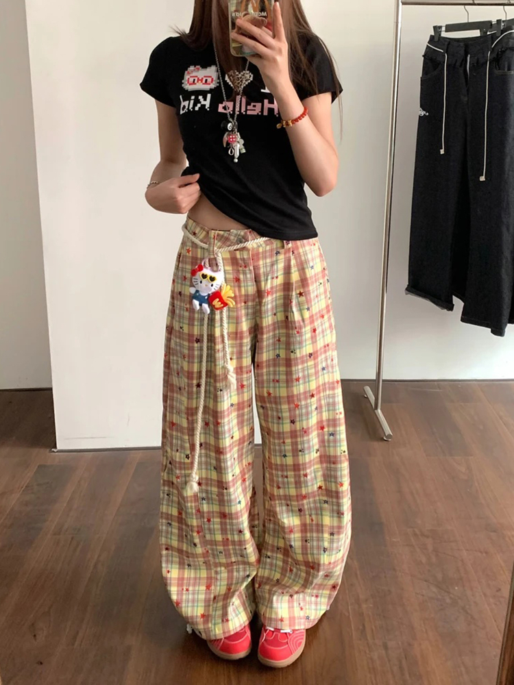 Retro Color-Blocked Plaid Wide-Leg Work Pants for Women - Loose Fit Casual Summer 2025 Floor-Length Trousers Retro Color-Blocked Plaid Wide-Leg Work Pants for Women - Loose Fit Casual Summer 2025 Floor-Length Trousers