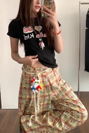 Retro Color-Blocked Plaid Wide-Leg Work Pants for Women - Loose Fit Casual Summer 2025 Floor-Length Trousers
