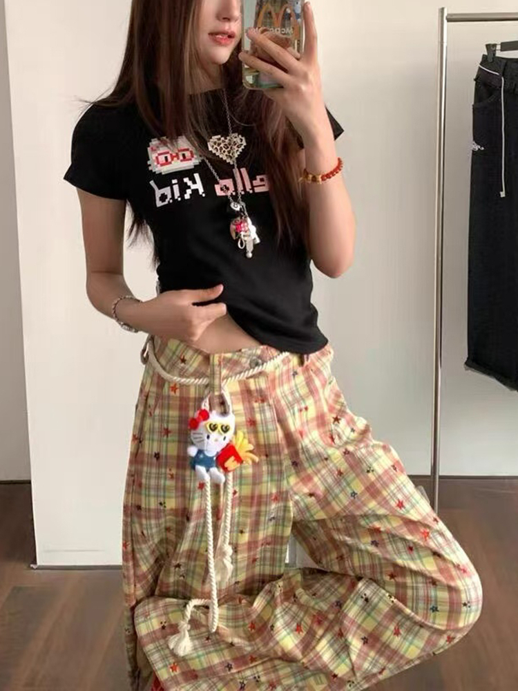 Retro Color-Blocked Plaid Wide-Leg Work Pants for Women - Loose Fit Casual Summer 2025 Floor-Length Trousers Retro Color-Blocked Plaid Wide-Leg Work Pants for Women - Loose Fit Casual Summer 2025 Floor-Length Trousers