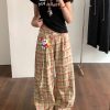 Retro Color-Blocked Plaid Wide-Leg Work Pants for Women - Loose Fit Casual Summer 2025 Floor-Length Trousers