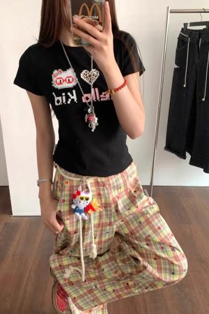 Retro Color-Blocked Plaid Wide-Leg Work Pants for Women - Loose Fit Casual Summer 2025 Floor-Length Trousers