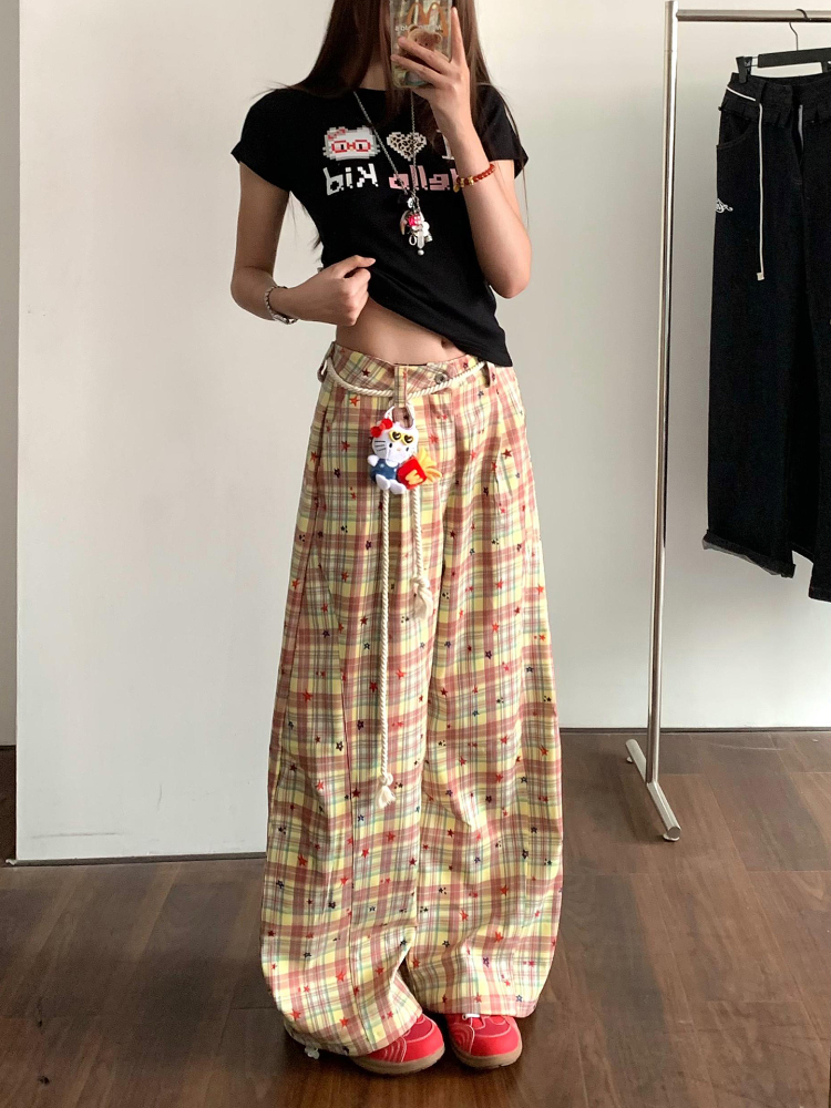 Retro Color-Blocked Plaid Wide-Leg Work Pants for Women - Loose Fit Casual Summer 2025 Floor-Length Trousers Retro Color-Blocked Plaid Wide-Leg Work Pants for Women - Loose Fit Casual Summer 2025 Floor-Length Trousers