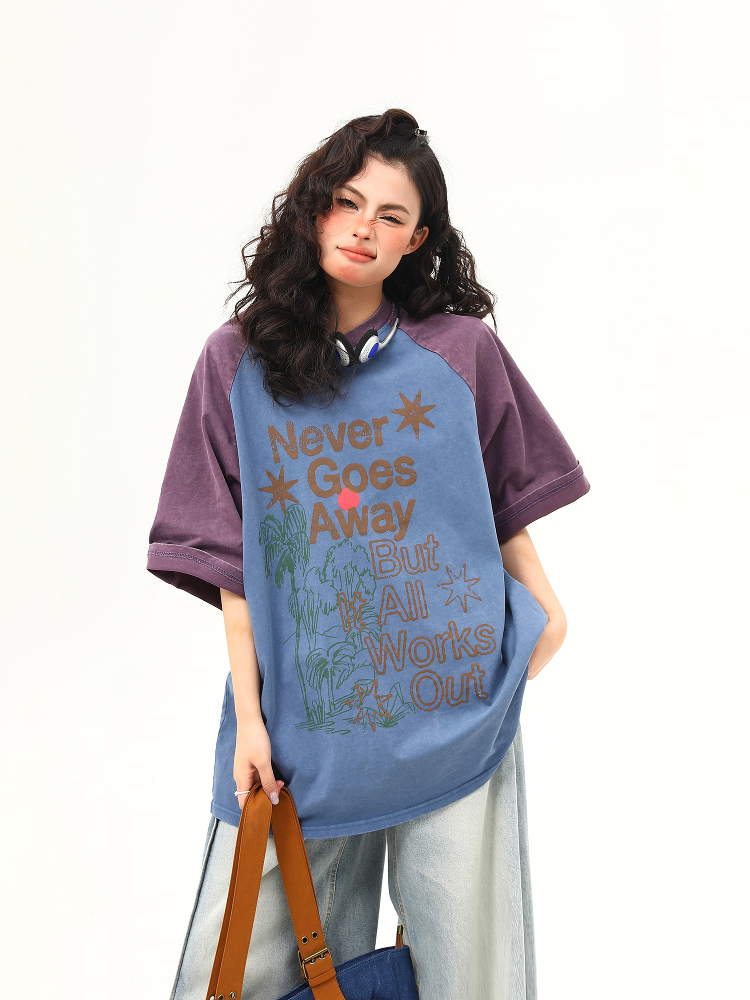 Retro Color-Blocking Letter Short-Sleeve T-Shirt for Women - Casual Summer Loose Fit Tee, Perfect for Y2K & 90s Style Retro Color-Blocking Letter Short-Sleeve T-Shirt for Women - Casual Summer Loose Fit Tee, Perfect for Y2K & 90s Style