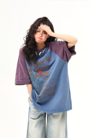 Retro Color-Blocking Letter Short-Sleeve T-Shirt for Women - Casual Summer Loose Fit Tee, Perfect for Y2K & 90s Style