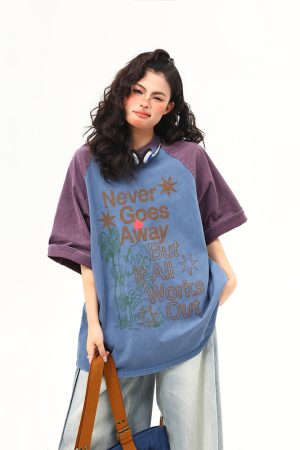Retro Color-Blocking Letter Short-Sleeve T-Shirt for Women - Casual Summer Loose Fit Tee, Perfect for Y2K & 90s Style