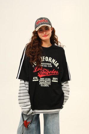 Retro Color-Blocking Loose-Fit Round Neck Long Sleeve T-Shirt for Women - Casual Spring Style, Two-Piece Look