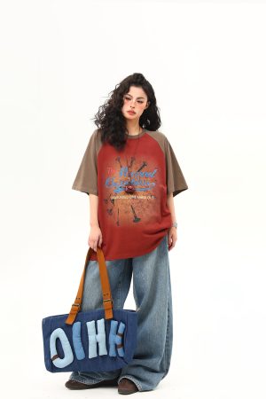 Retro Color-Blocking Raglan Short Sleeve T-Shirt for Women - American Style Summer Loose Tee