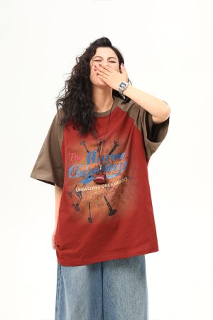 Retro Color-Blocking Raglan Short Sleeve T-Shirt for Women - American Style Summer Loose Tee