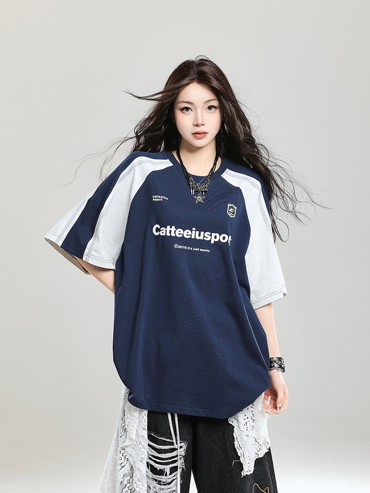 Retro Color-Blocking Raglan Short-Sleeve T-Shirt for Women - Summer Casual Oversized Top Retro Color-Blocking Raglan Short-Sleeve T-Shirt for Women - Summer Casual Oversized Top