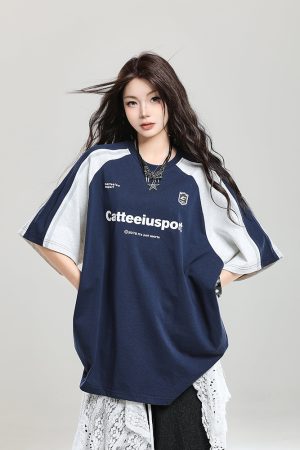 Retro Color-Blocking Raglan Short-Sleeve T-Shirt for Women - Summer Casual Oversized Top