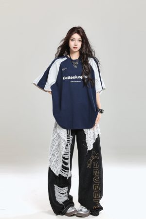 Retro Color-Blocking Raglan Short-Sleeve T-Shirt for Women - Summer Casual Oversized Top