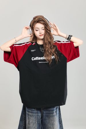 Retro Color-Blocking Raglan Short-Sleeve T-Shirt for Women - Summer Casual Oversized Top