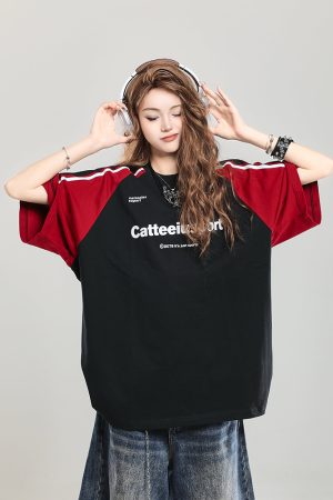 Retro Color-Blocking Raglan Short-Sleeve T-Shirt for Women - Summer Casual Oversized Top