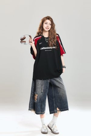 Retro Color-Blocking Raglan Short-Sleeve T-Shirt for Women - Summer Casual Oversized Top