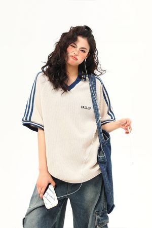 Retro Color-Blocking V-Neck Waffle Short Sleeve T-Shirt for Women, Versatile Couple's Top, Y2K Style