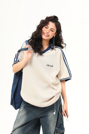 Retro Color-Blocking V-Neck Waffle Short Sleeve T-Shirt for Women, Versatile Couple's Top, Y2K Style