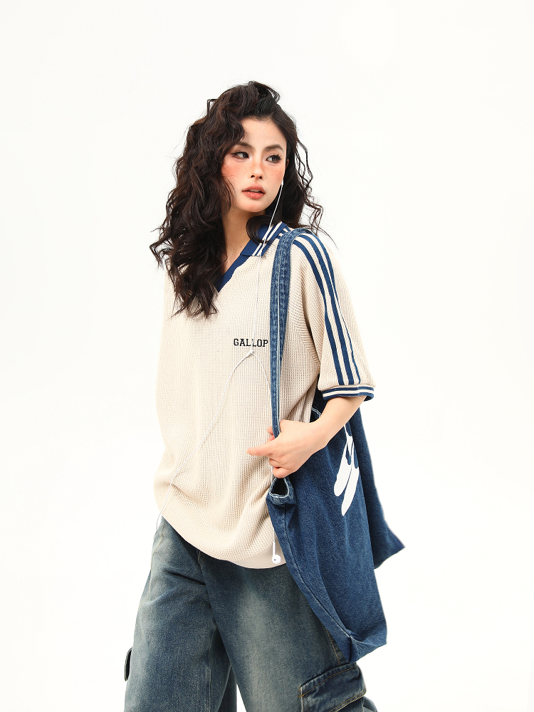 Retro Color-Blocking V-Neck Waffle Short Sleeve T-Shirt for Women, Versatile Couple's Top, Y2K Style Retro Color-Blocking V-Neck Waffle Short Sleeve T-Shirt for Women, Versatile Couple's Top, Y2K Style