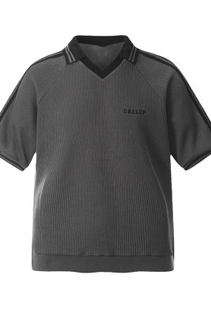 Retro Color-Blocking V-Neck Waffle Short Sleeve T-Shirt for Women, Versatile Couple's Top, Y2K Style