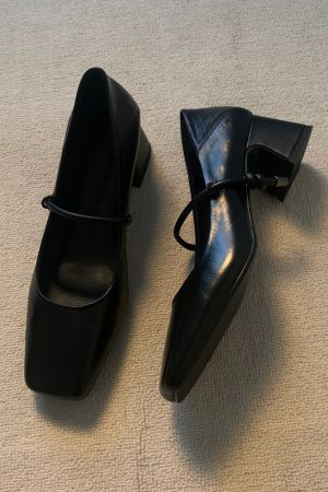 Retro Cowhide High-Heeled Mary Jane Shoes with Square Toe and Single Strap - French Style Chunky Heel Commuter Flats