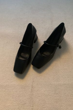 Retro Cowhide High-Heeled Mary Jane Shoes with Square Toe and Single Strap - French Style Chunky Heel Commuter Flats