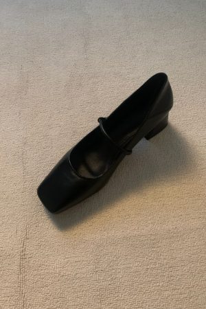 Retro Cowhide High-Heeled Mary Jane Shoes with Square Toe and Single Strap - French Style Chunky Heel Commuter Flats