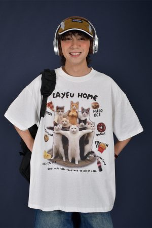 Retro Cute Cat Loose Short Sleeve T-Shirt for Women, Cartoon Graphic Tee, Summer 2024 Fashion, Y2K Style